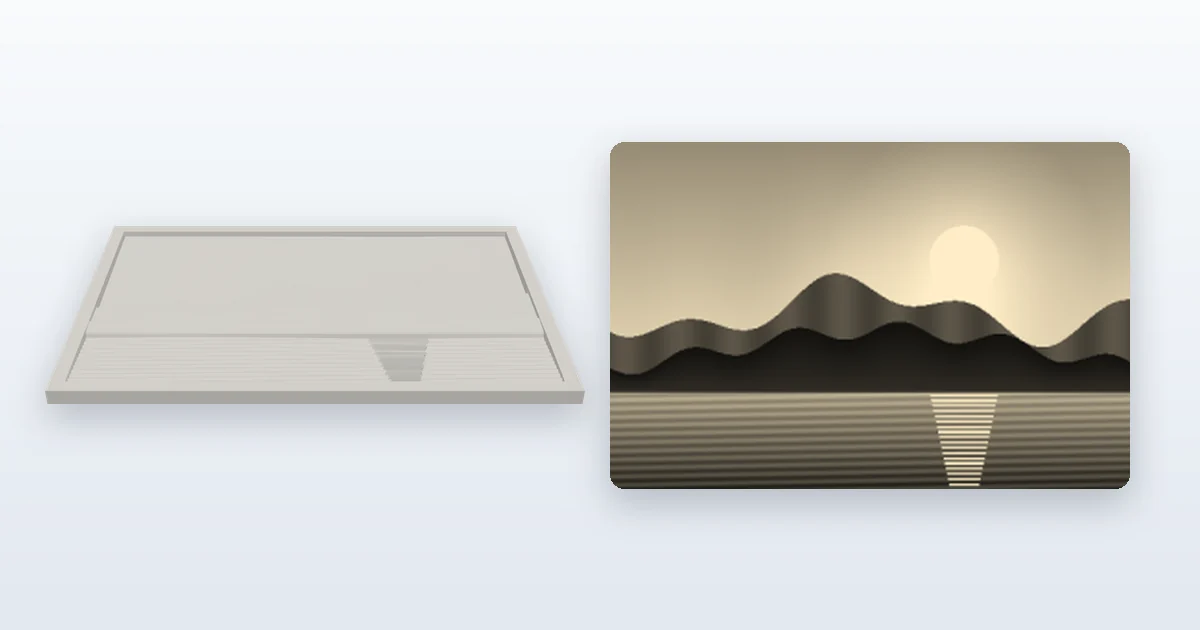 Lithophane maker output for its sample sunset picture: the 3D relief plate with its frame on the left and the tool's approximate backlit preview on the right