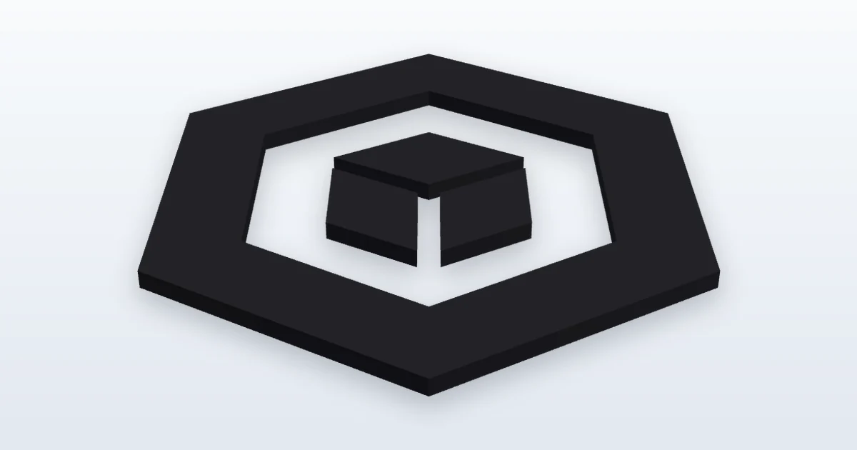 3D preview of the SVG to 3D sample logo, a dark hexagon ring with a cube inside, extruded to 3 mm without a base plate