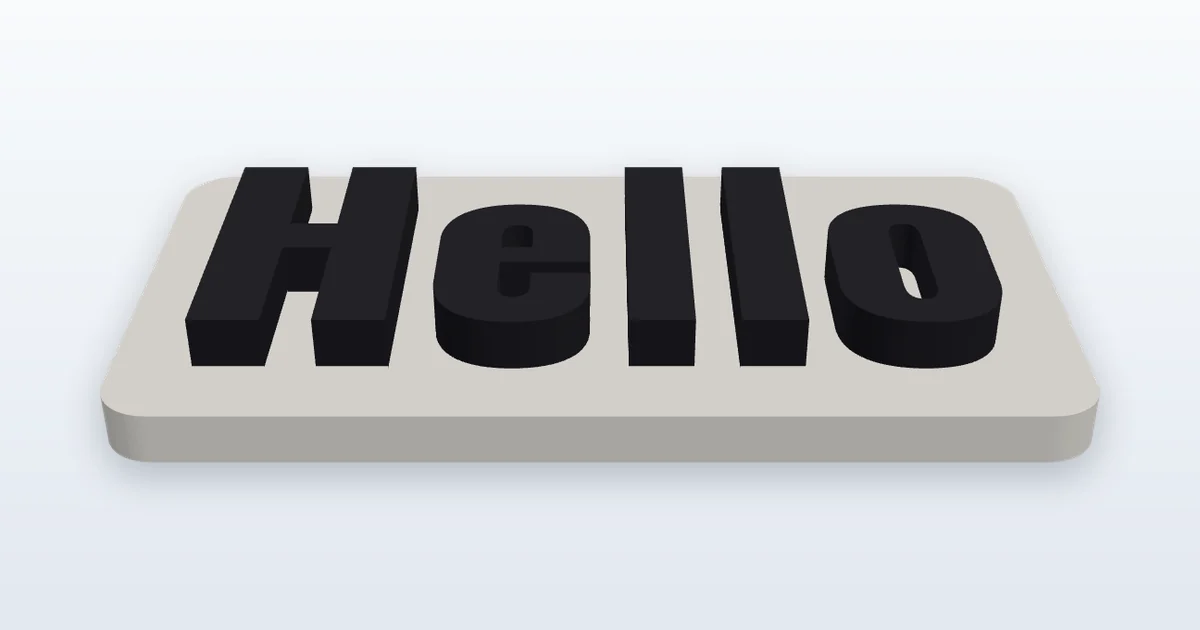 3D preview of the word Hello in raised dark letters on a light base plate with rounded corners, made with the 3D text generator
